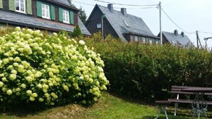 A residential area with houses, a large hedge, and a bench. - am Wald mit Sauna by Interhome (Bad Elster)