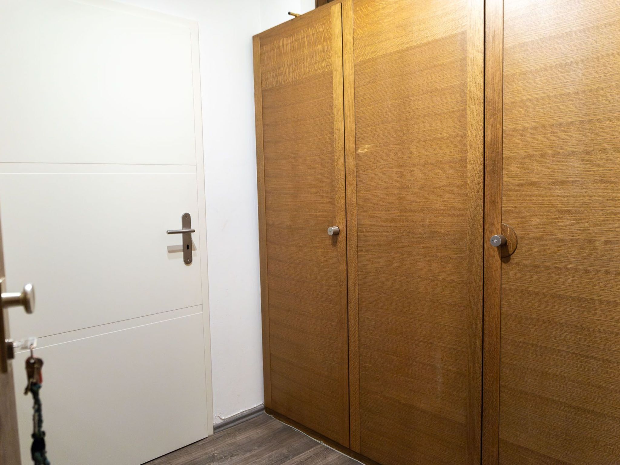 Una habitación con una puerta blanca y un armario de madera con dos puertas.