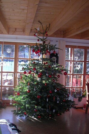 A Christmas tree with red ornaments in a room with wooden beams and large windows. - Haus "Hermann" by Interhome (Elbersreuth)