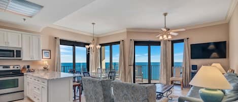 Signature Condo, 3 Bedrooms, Hot Tub, Beach View | Living room | 50-inch Smart TV with cable channels
