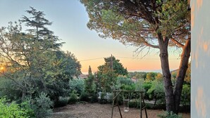 A garden with a swing set, trees, and a view of the sea.
