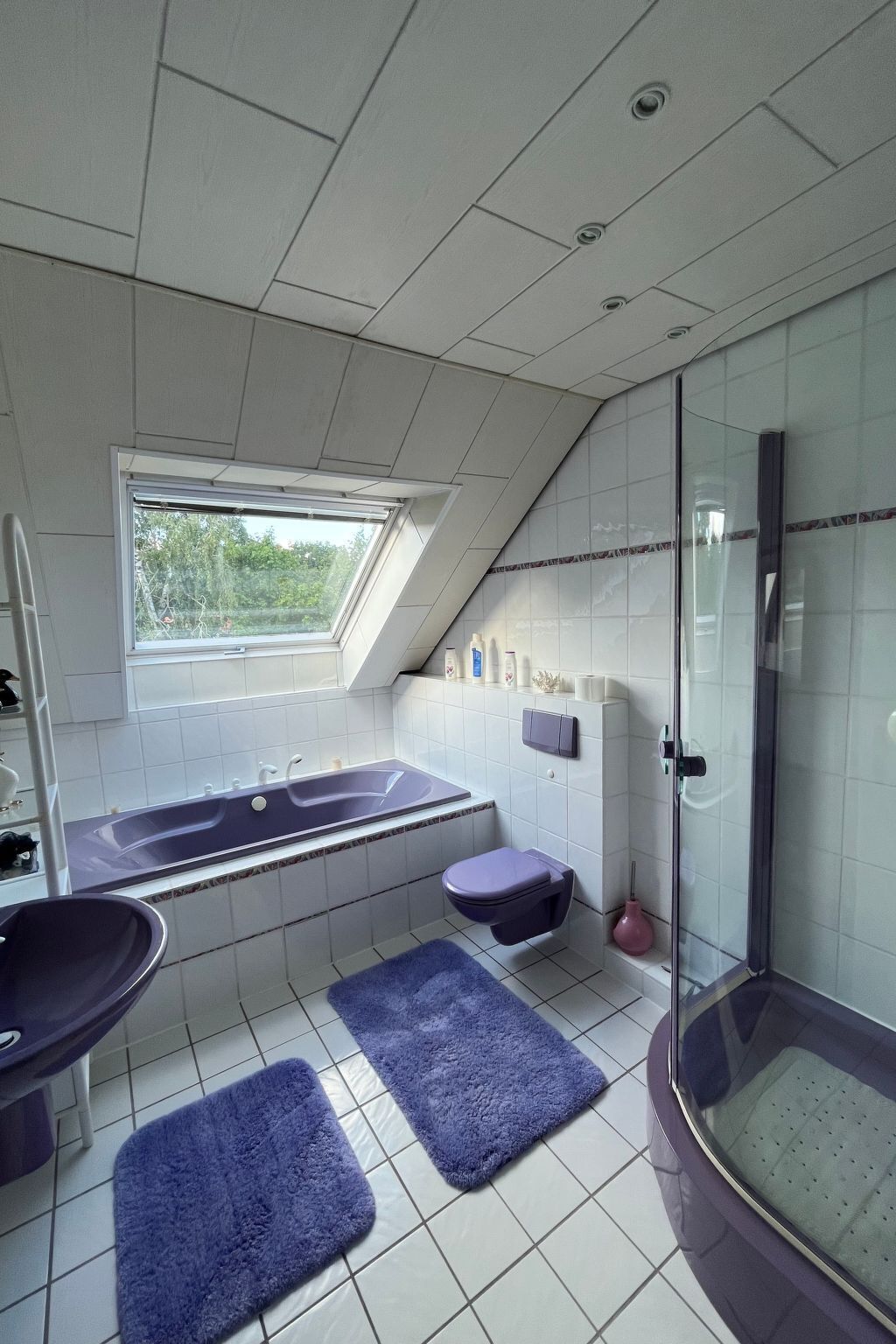 A modern bathroom with a skylight, a freestanding bathtub, a shower, and a toilet.
