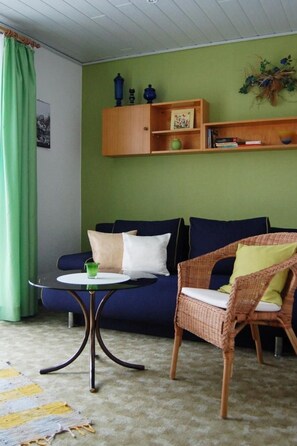 A room with a blue sofa, a wicker chair, a small round table, and a green curtain. - Siebers by Interhome (Altendorf)