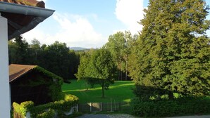 Vista di un prato verde con una recinzione in legno, alberi e un edificio con tetto spiovente.
