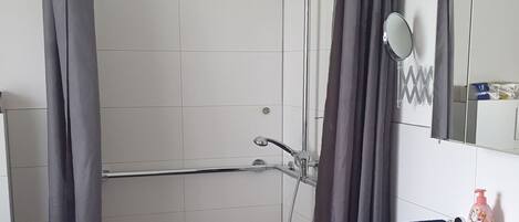 A modern bathroom with a shower, a sink, and a mirror.