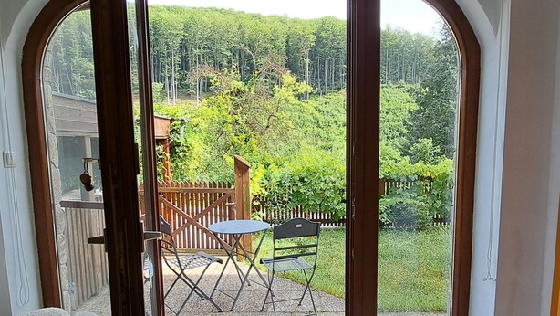 Puerta corrediza de vidrio abierta que da a un patio con mesa y sillas, rodeado por una cerca de madera y abundante vegetación.