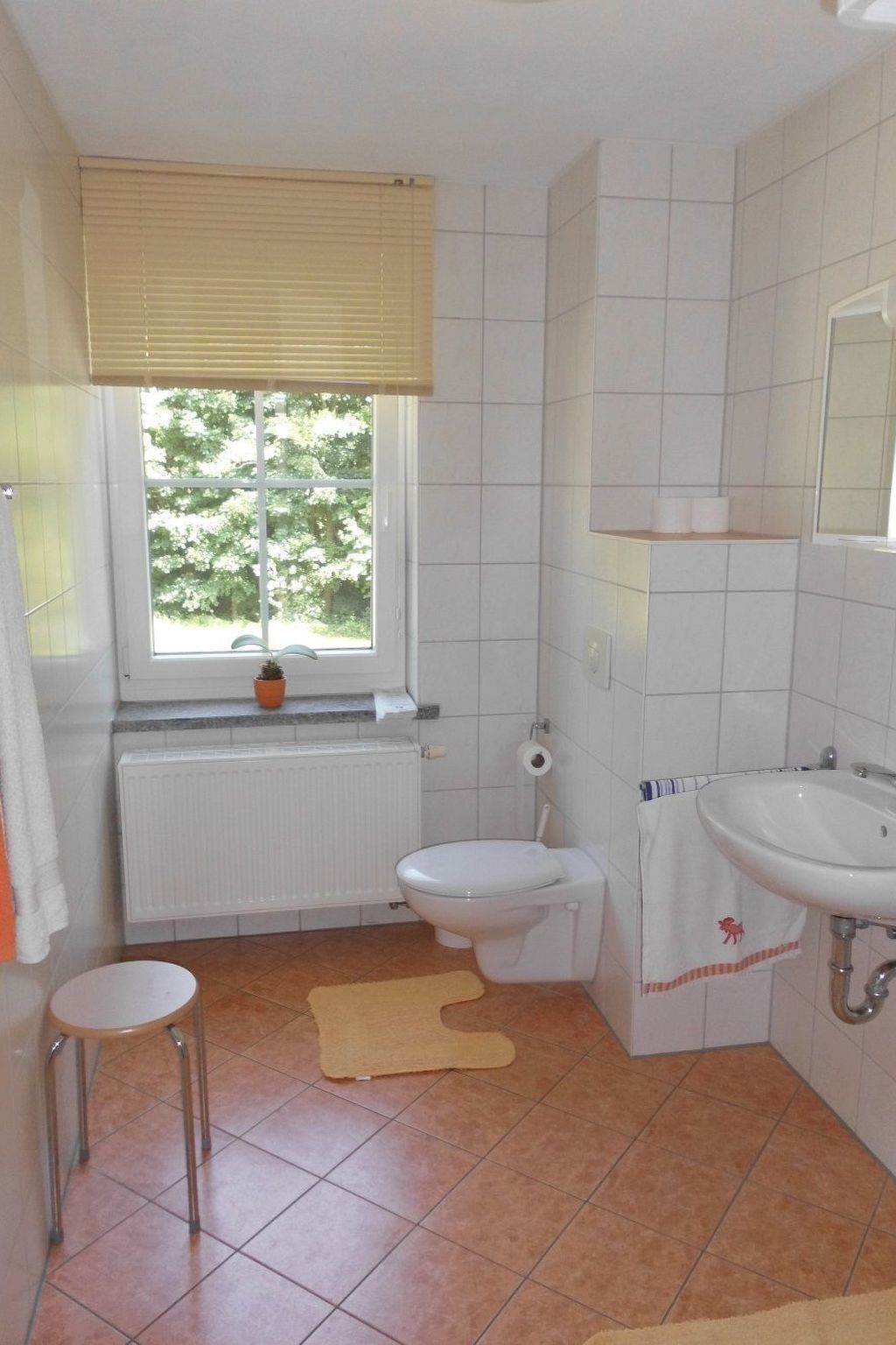 A bathroom with a toilet, sink, and window.
