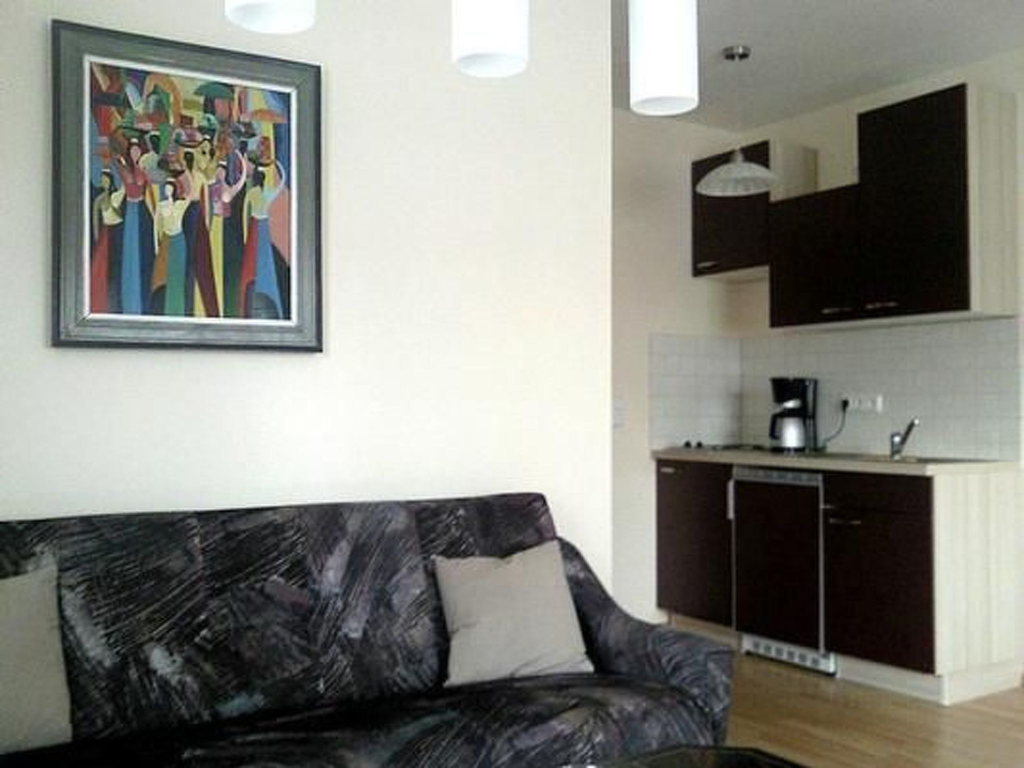 A living room with a dark sofa, a framed abstract painting, and a kitchen area with dark cabinets and a coffee maker.