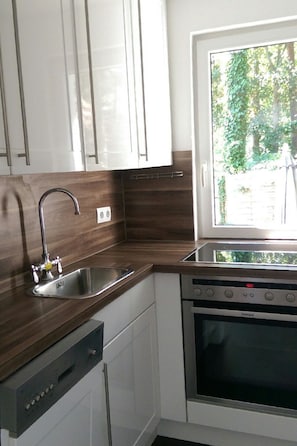 Fridge, oven, dishwasher, cookware/dishes/utensils