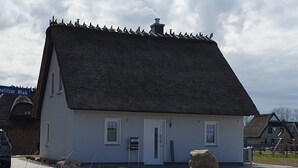 Una casa tradicional con un techo de paja pronunciado, fachada blanca y un pequeño porche delantero.