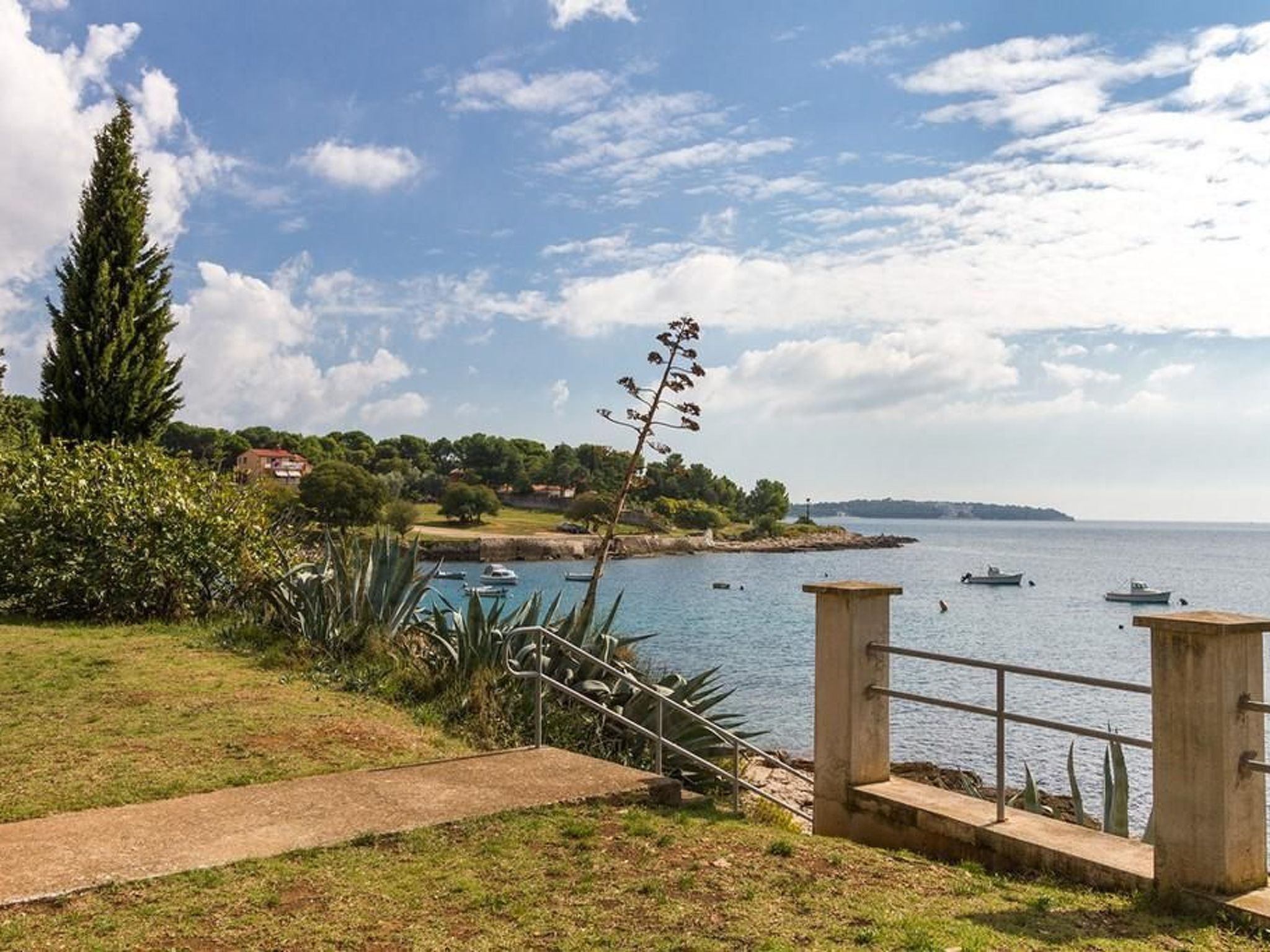 Une vue sur la côte, avec une zone herbeuse, un chemin en béton et une rambarde donnant sur la mer.