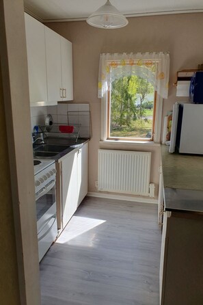 Fridge, microwave, oven, cookware/dishes/utensils