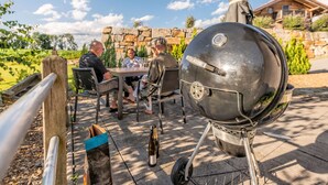 Une terrasse extérieure avec un mur en pierre, un barbecue en métal et une table avec des chaises.