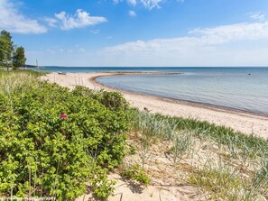 A beach with clear water, sandy shore, and green vegetation. - Ljugarn 2 by Interhome (Ljugarn)
