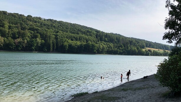 Un lac avec une colline boisée en arrière-plan.