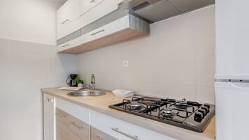 Fridge, microwave, cookware/dishes/utensils