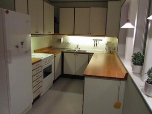 Fridge, microwave, oven, cookware/dishes/utensils