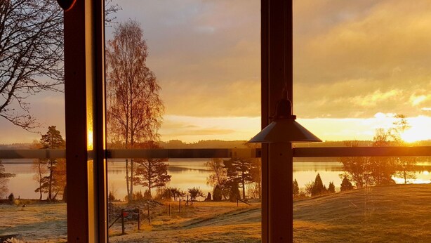 A view through a window with a metal frame, a potted plant on the windowsill, and a landscape with trees and a body of water during sunset. - Haus mit toller Aussicht an einem schönen See by Interhome (Hjältevad)