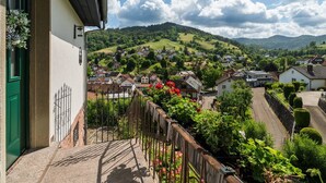 A residential area with houses, a green door, and a view of a hill with a village. - Schwarzwald Königin by Interhome (Bühlertal)
