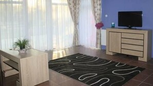 Uma sala de estar com televisão, um armário, uma planta e um tapete estampado.