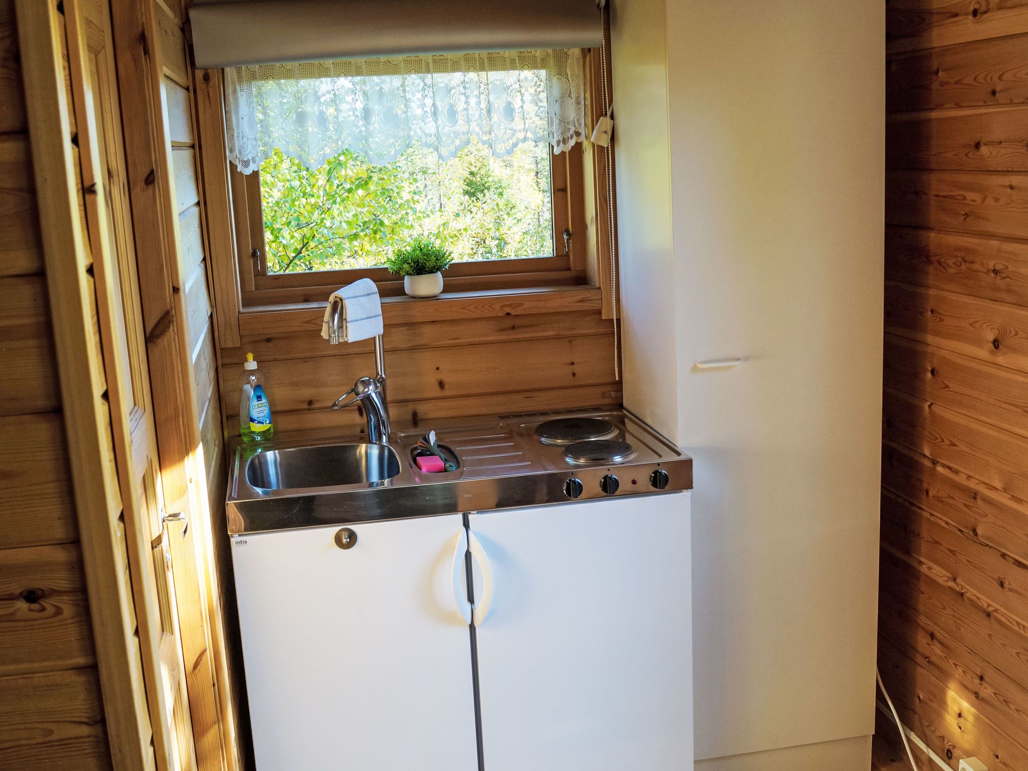 Una cocina compacta con estufa, lavabo y ventana con planta.