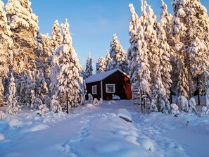 A snow-covered landscape with a wooden cabin surrounded by snow-laden trees.