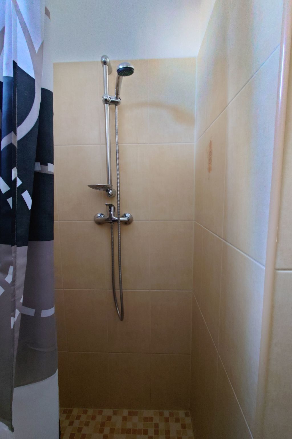 A shower with a handheld showerhead and a wall-mounted faucet.