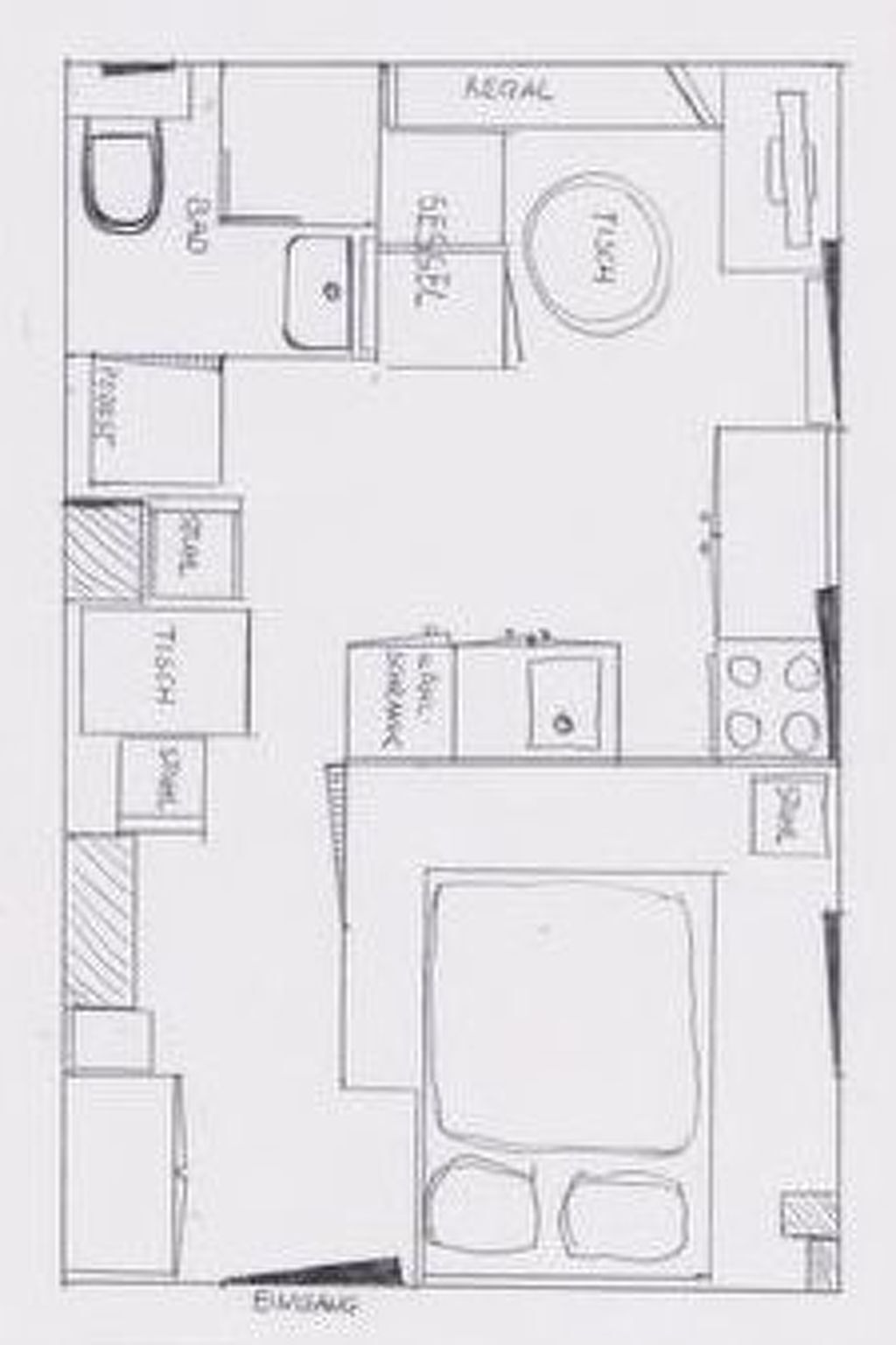 A kitchen layout with a sink, stove, and refrigerator.