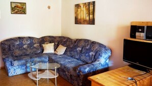 Una sala de estar con un sofá azul estampado, una mesa de centro de vidrio, un mueble de televisión de madera y dos cuadros en la pared.