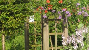 A wooden pergola structure surrounded by lush greenery and flowering plants. - Apartment Wiese by Interhome (Bruchhausen)