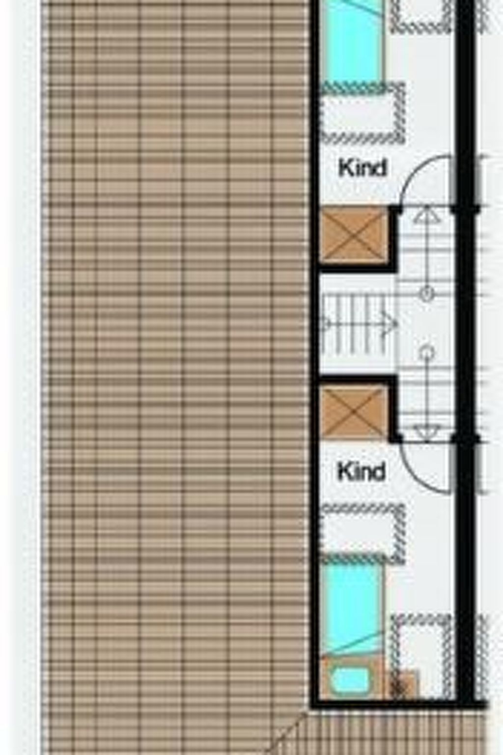 A floor plan of a hotel with two rooms labeled 'Kind'. Each room has a bathroom and a small sitting area.