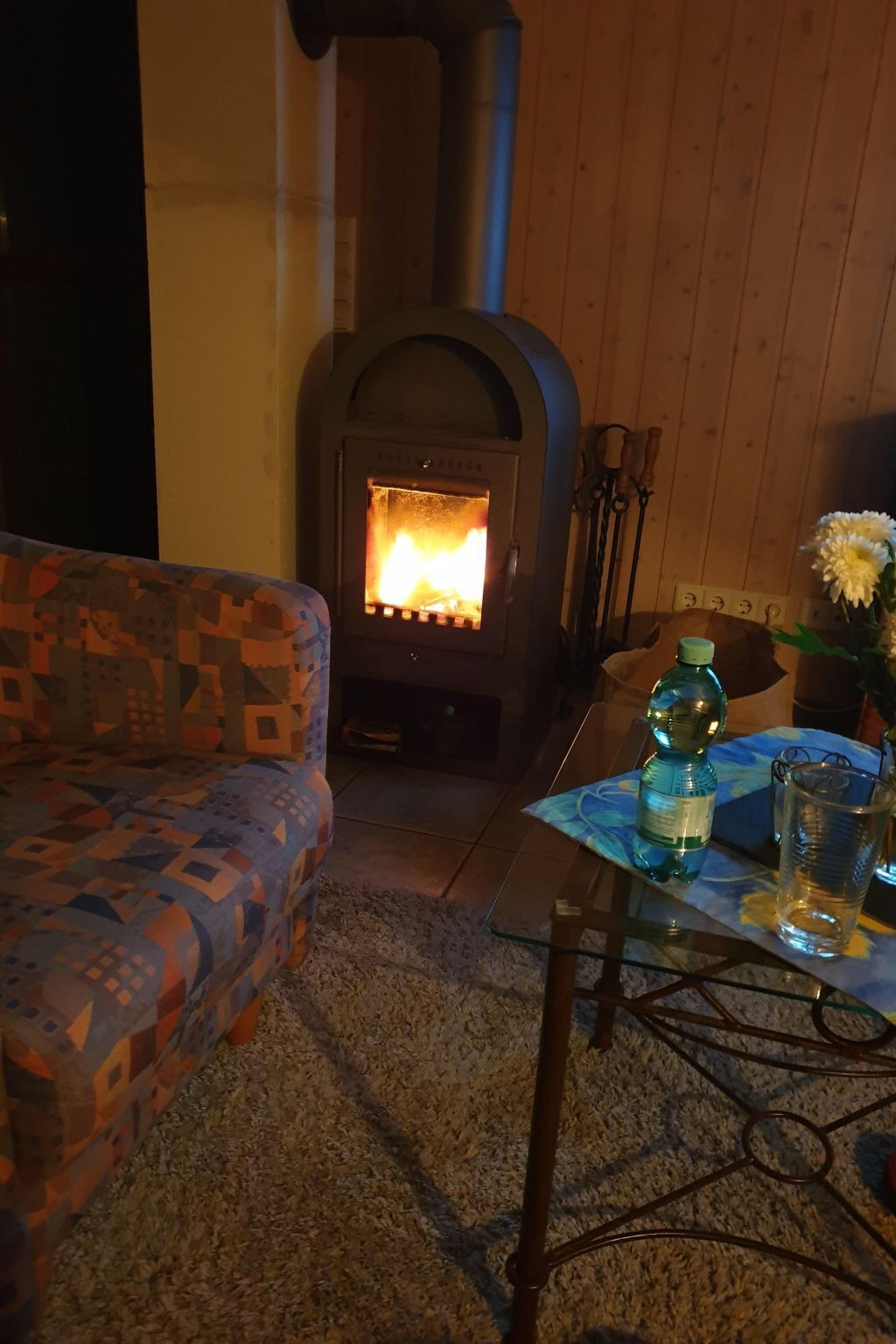 Un salon chaleureux avec un canapé à motifs, une table en verre ornée d’un vase et d’une bouteille, et un poêle à bois.