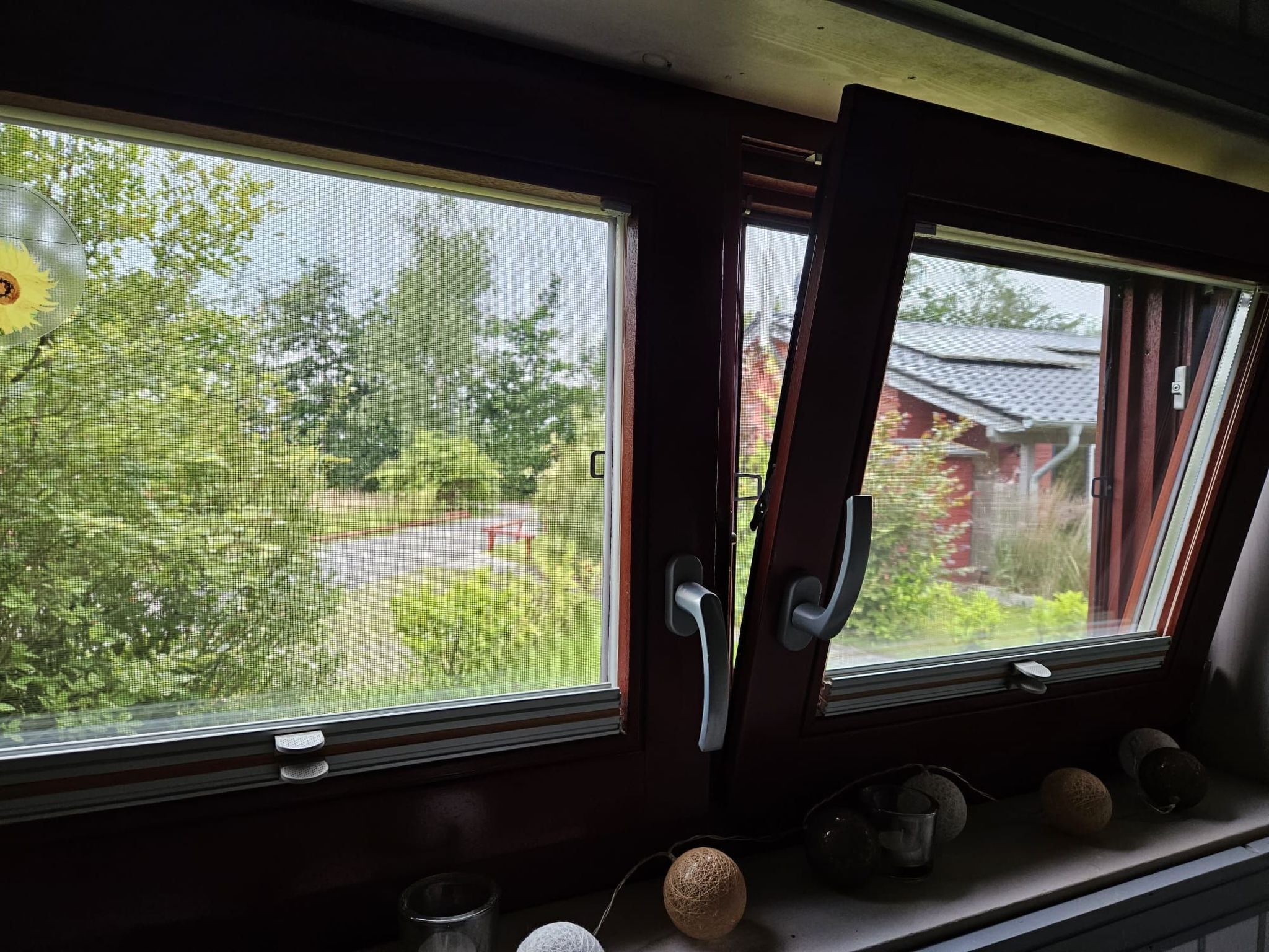 Ein Zugfenster mit Blick auf grüne Landschaft und ein Gebäude.