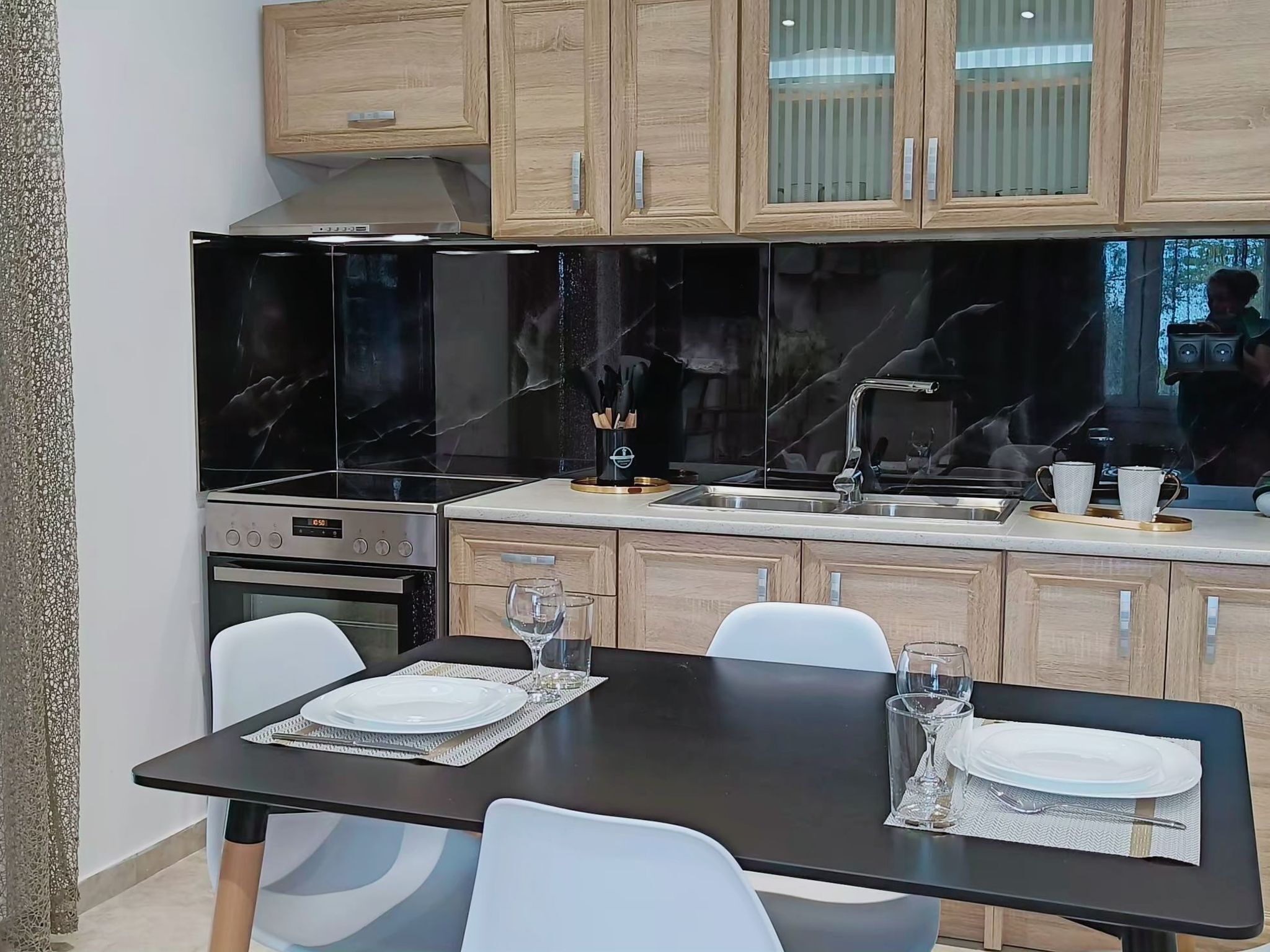 Fridge, microwave, oven, cookware/dishes/utensils