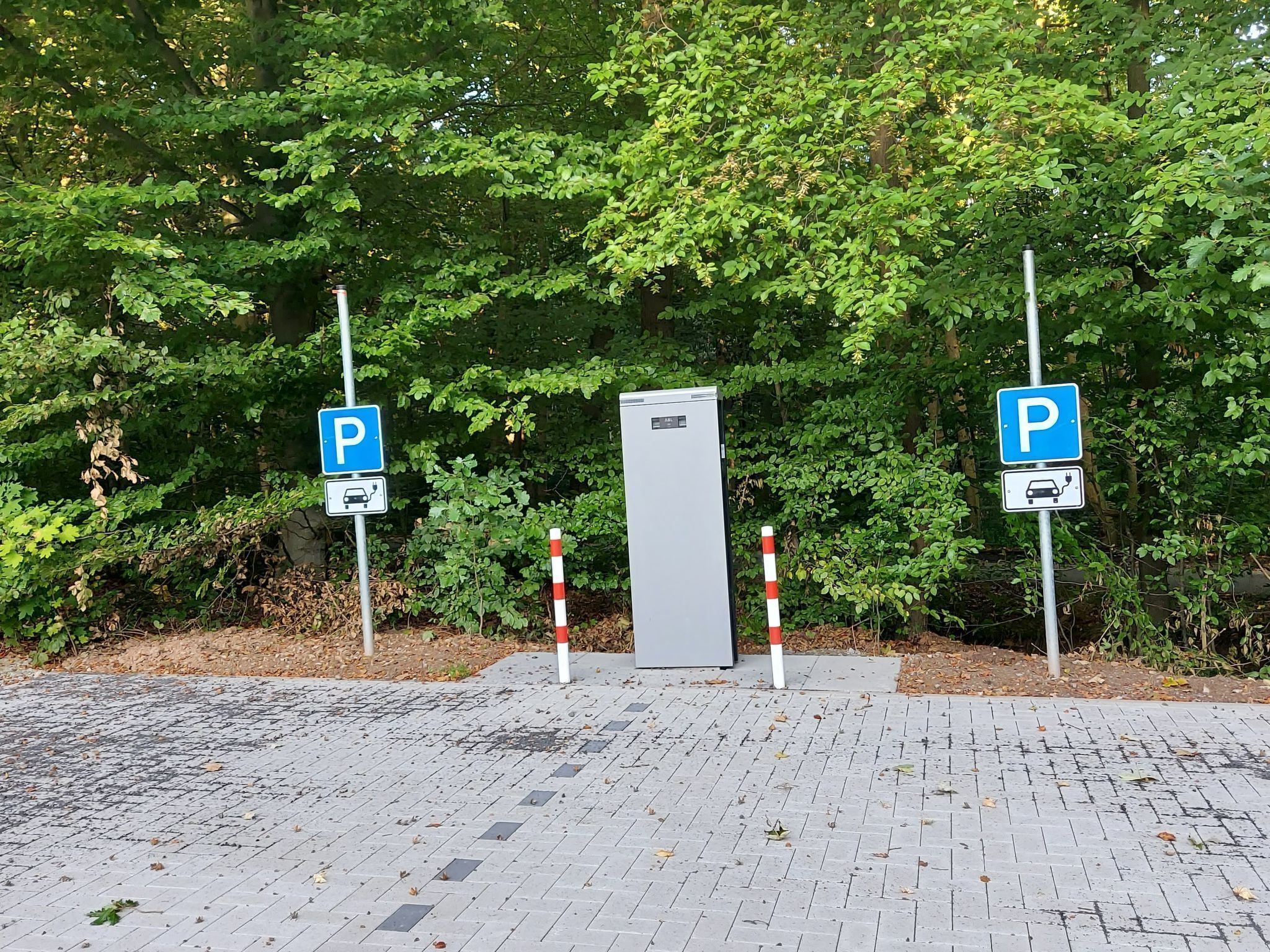 A parking area with two blue parking signs, a security gate, and a paved walkway.