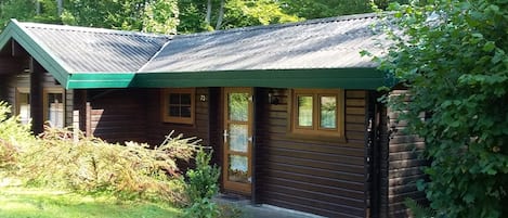 A cabin with a green roof, a wooden door, and a window.