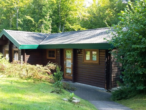 Eine Hütte mit einem grünen Dach, einer Holztür und einem Fenster.