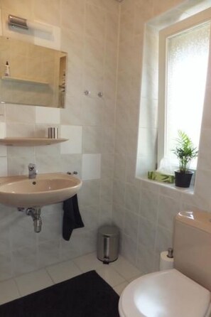 Ein Badezimmer mit Waschbecken, Toilette und einem Fenster mit Pflanze.