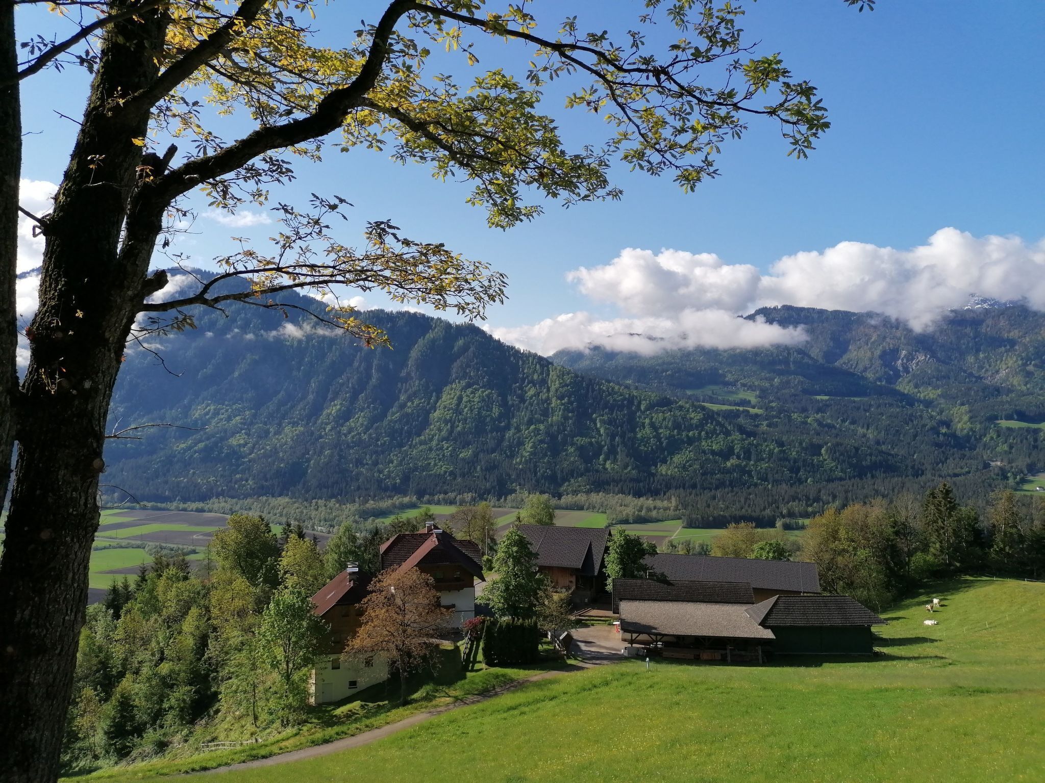 Paisaje rural con montañas al fondo, una casa de campo y cielo despejado.