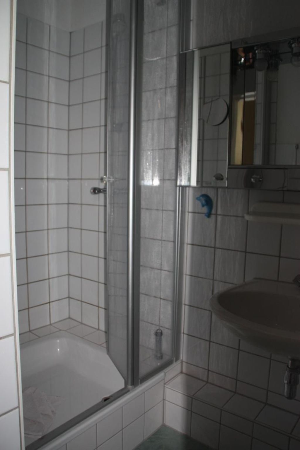 A bathroom with a shower, a sink, and a mirror.