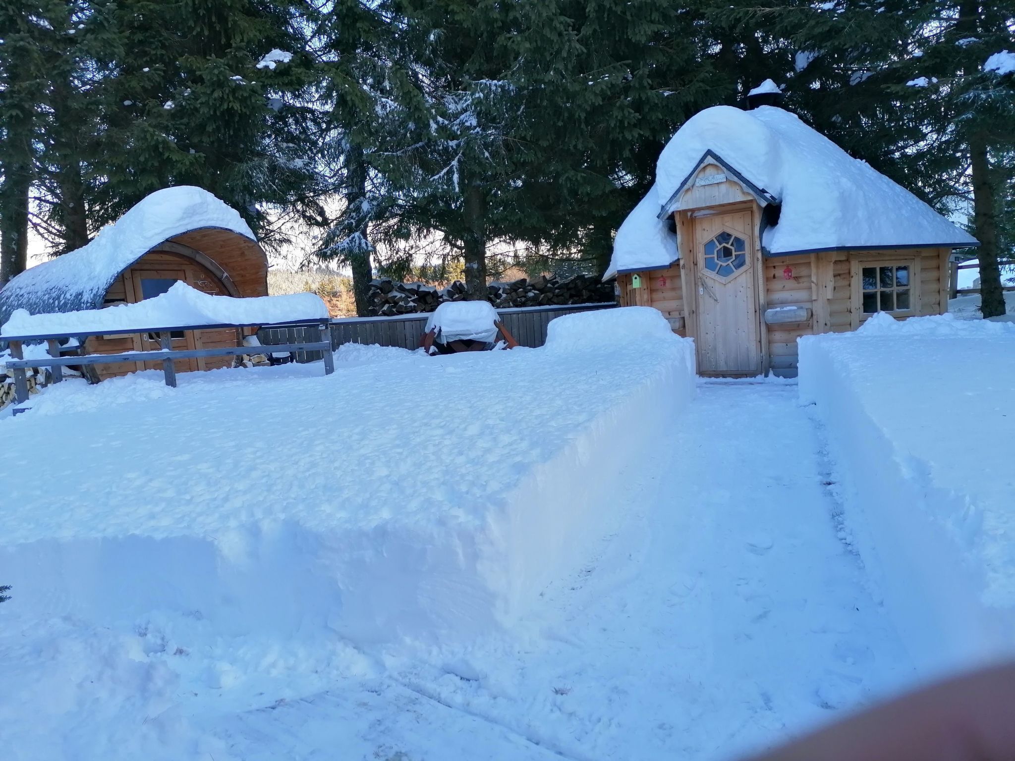 Ein mit Schnee bedecktes Holzhaus mit Tür und Fenster, umgeben von Schnee und Bäumen.