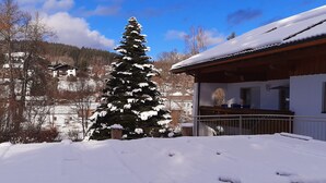 A snow-covered landscape with a large evergreen tree, a building with a balcony, and a clear blue sky. - Seitz 2 in Bayerisch Eisenstein by Interhome (Bayerisch Eisenstein)