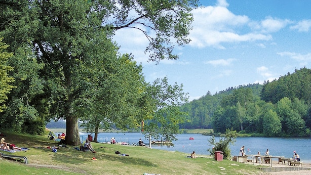Um parque à beira do lago com mesas de piquenique e uma área de praia arenosa.