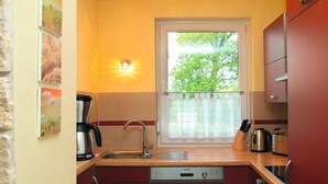 A compact kitchen with a sink, a coffee maker, and a stove. - Uferpromenade 1 EG by Interhome (Waren)