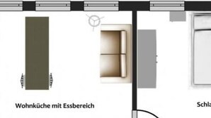 Een hotelkamerindeling met een zithoek, een apart slaapkamer en een badkamer.