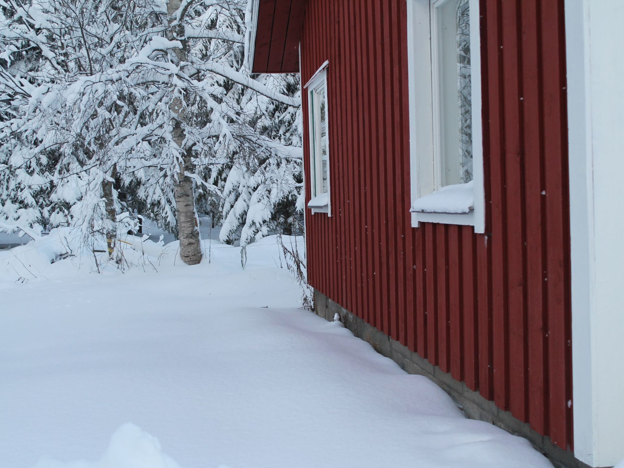 Un bâtiment rouge, avec un sol et des arbres couverts de neige.