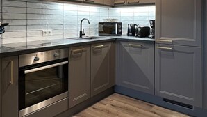Une cuisine moderne avec des meubles gris, un four en acier inoxydable, un micro-ondes et un évier.