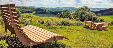 A wooden bench in a grassy field with a scenic view of rolling hills and a clear sky.