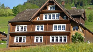 Ein traditionelles Holzhaus mit mehreren Fenstern und einem geneigten Dach, umgeben von einer Wiese und einem bewaldeten Hügel.