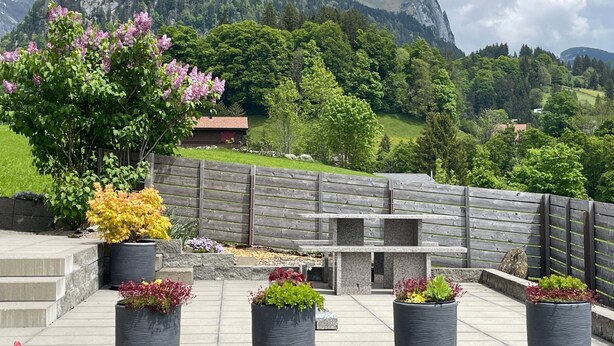 Eine Terrasse mit Blumentöpfen, einem Holzzaun und Blick auf die Berge.